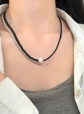 不对称黑色串珠叠戴项链