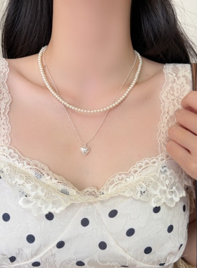 unbeaten银色爱心双层珍珠项链