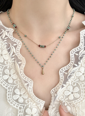 复古天然石撞色串珠项链女2025新款轻奢小众高级感双层叠戴锁骨链