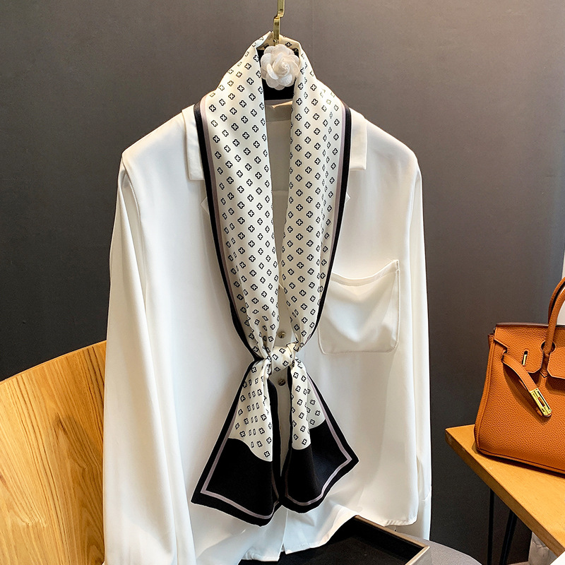 杭州丝绸丝巾女韩版百搭锯齿纹双层长条围巾配西装衬衣小领巾飘带 - 图3