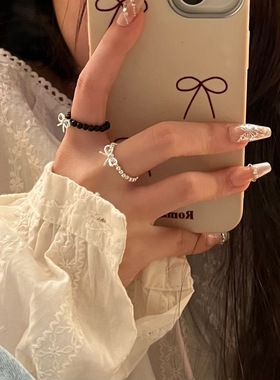 S925纯银蝴蝶结串珠戒指女精致甜酷风珍珠黑玛瑙弹力绳食指