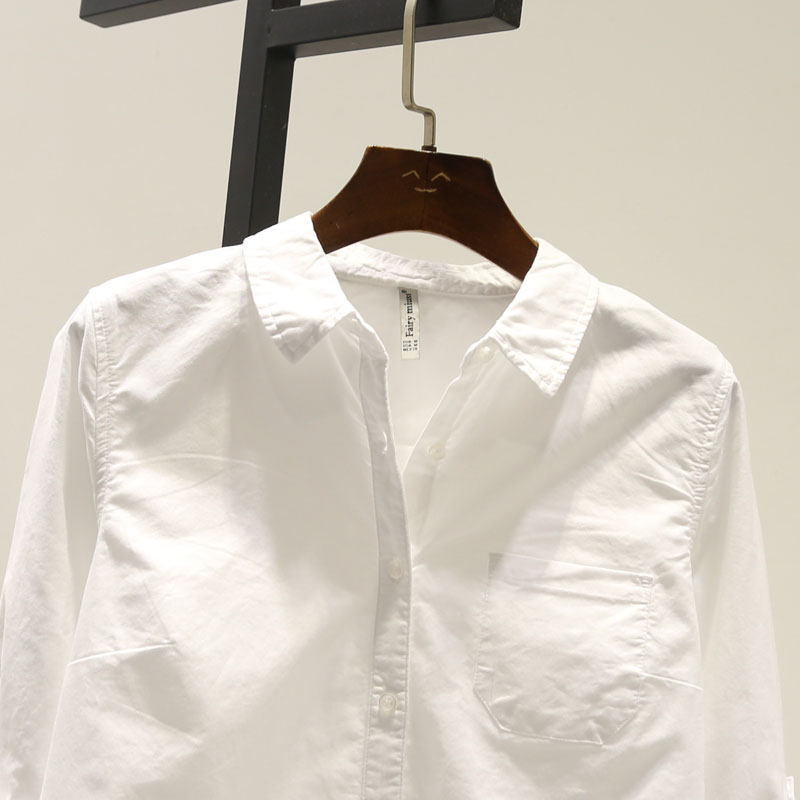 基础款百搭显瘦打底白色衬衣女春秋冬翻领长袖简约单口袋衬衫女 - 图2