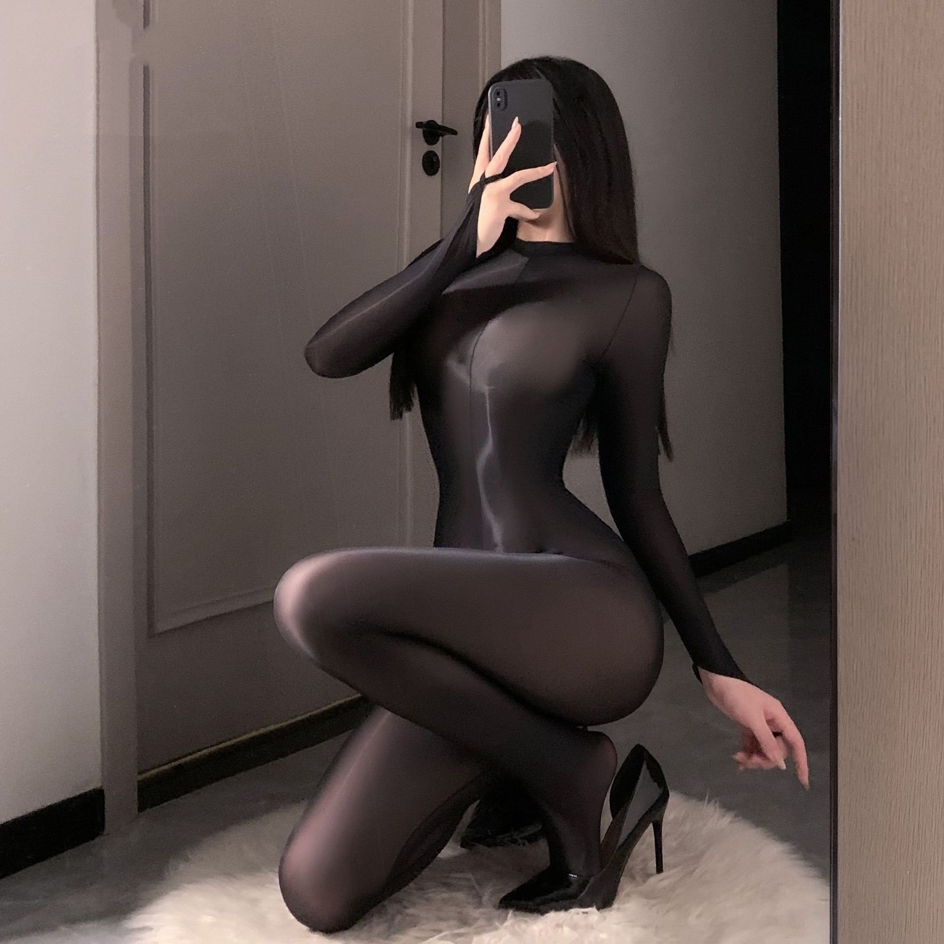 性感超薄连体衣油亮1D丝滑连裤袜黑丝紧身黑色内衣夏季长袖丝袜女 - 图0