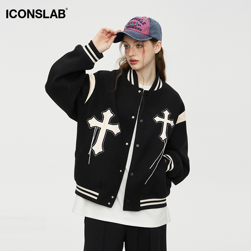 ICONSLAB美式撞色拼接十字架棒球服情侣装夹克外套男女同款潮牌-图1