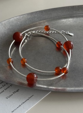 S925纯银天然红玛瑙双层弯管手链