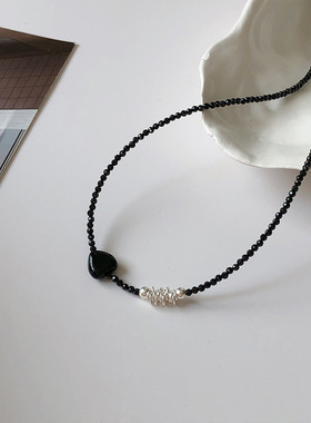 S925纯银黑玛瑙爱心碎银颈链