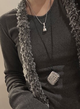 小众银色网格钱袋子长款项链女