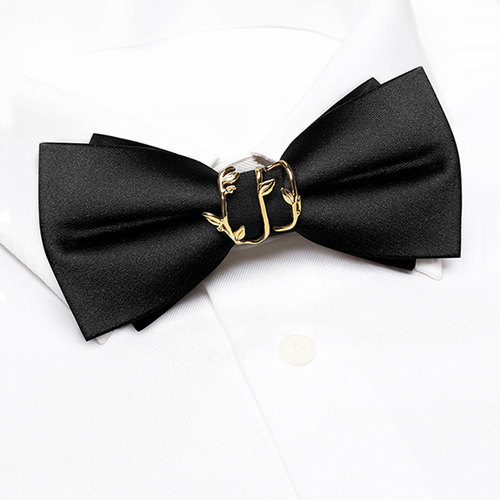 领结婚礼男结婚新郎伴郎男士西装衬衫纯红色连理枝双层黑色蝴蝶结 - 图1