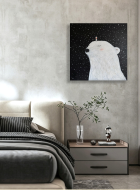 无框画YishiLand治愈黑夜雪花北极熊小人北欧童话卧室装饰画挂画