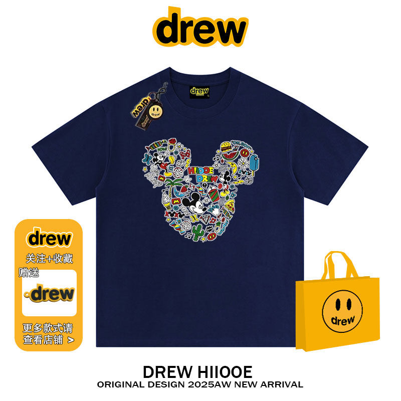 drew美式潮牌卡通米奇印花短袖t恤男女夏季新款纯棉宽松情侣上衣