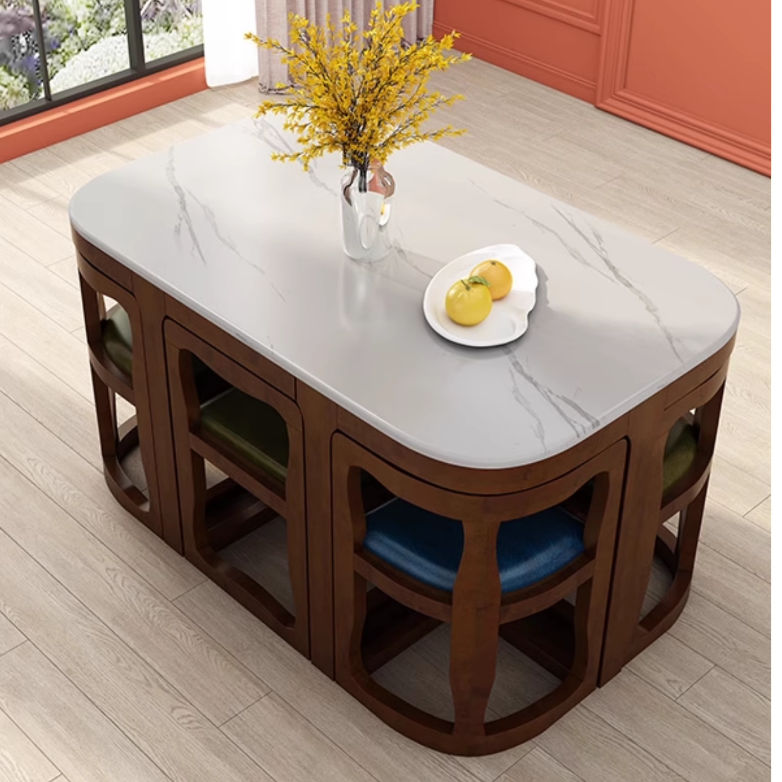 世匠美式乡村实木餐桌小户型家用岩板饭桌北欧轻奢大理石阳台茶桌 - 图3