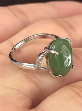 新疆菠菜绿碧玉指环个性时尚戒子天然和田玉碧玉镶925银戒指女士