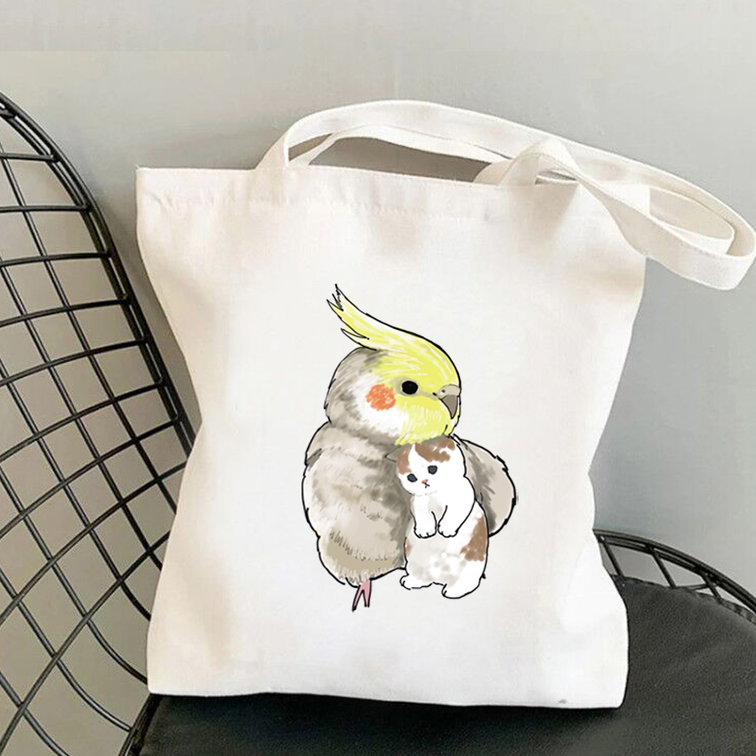 Parrot Canvas Tote bag卡通鹦鹉猫咪印花学生手提单肩帆布包袋-图0