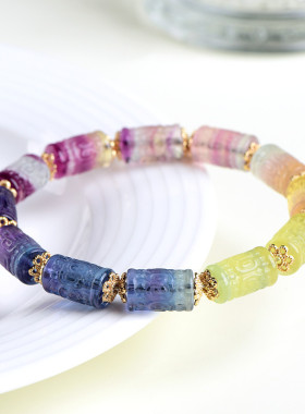 久雅水晶天然彩虹萤石桶珠手链