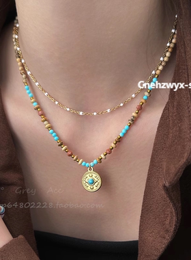 彩色米珠串珠白釉双层叠戴项链女2025款高级感轻奢小众锁骨链颈链