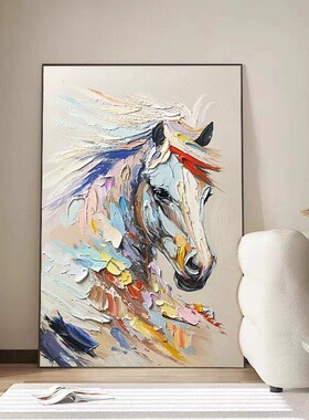 纯手绘骏马到成功油画客餐厅入户玄关装饰画走廊酒店过道高级挂画
