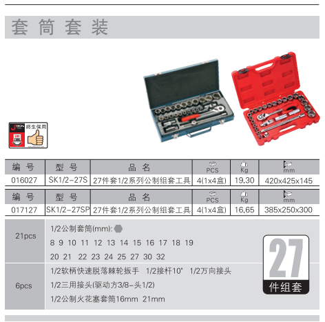 捷科JETECH公制套筒套装12.5mm系列27件套SK1/2-27SP-图0