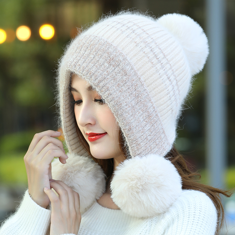 冬天针织帽子女士秋冬季韩版可爱百搭保暖时尚贝雷堆堆帽兔毛线帽