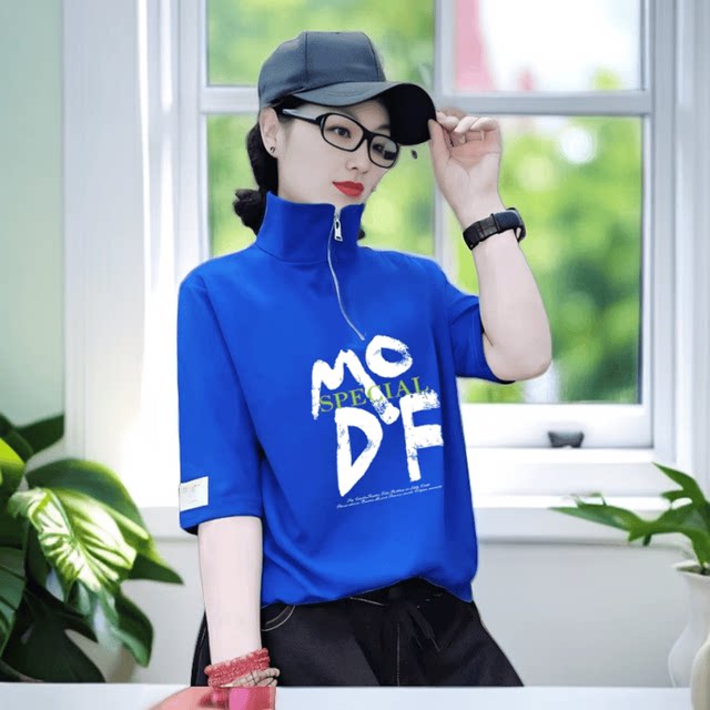 ຢືນຄໍບາງໆ pullover ຝ້າຍບໍລິສຸດຂອງແມ່ຍິງ ins ແຂນເຄິ່ງ