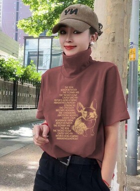欧洲站纯棉高领短款大码磨毛半袖夏季短袖t恤女正肩宽松韩版
