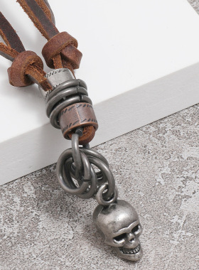 潮酷个性真皮骷髅头吊坠项链