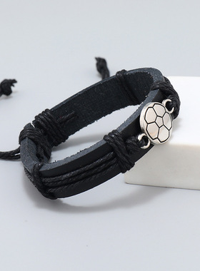 跨境热销饰品简约手工编织黑色足球皮革手链创意个性球迷手绳手饰