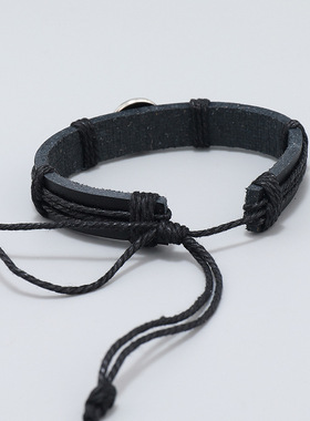 简约手工编织黑色皮革手链合金棒球球迷手环欧美跨境新款手绳饰品