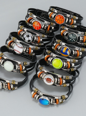 跨境热销新款饰品欧美串珠足球棒球篮球手镯百搭球队球迷皮革手链