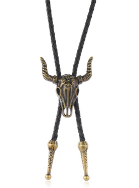 欧美新款配饰简约西部牛仔复古波洛领带个性合金羊头吊坠领结项链