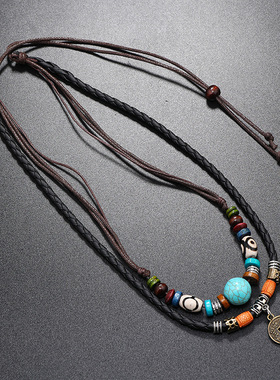 欧美复古风多层松石串珠编织皮革项链个性合金古铜钱币吊坠男项链