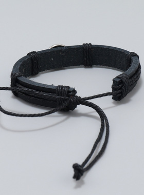 简约手工编织黑色皮革手链合金蓝球球迷手环欧美跨境新款手绳饰品