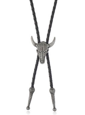 欧美跨境新款复古个性牛头皮革毛衣链 创意百搭休闲波洛领带项链