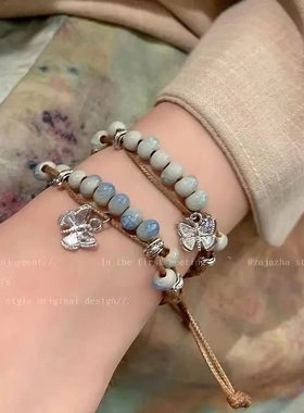 新中式蝴蝶陶瓷串珠编制手链女夏季2024新款复古国潮民族风手饰品