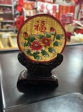 彩绘竹编迷你竹匾竹箶婚庆结婚拍照道具双喜挂竹艺摆件潮汕小花篮