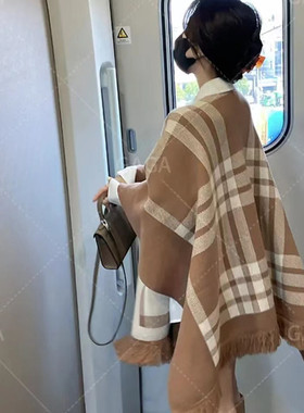 针织格子披肩外套外穿围巾斗篷两面穿秋冬新款时尚百搭披风女