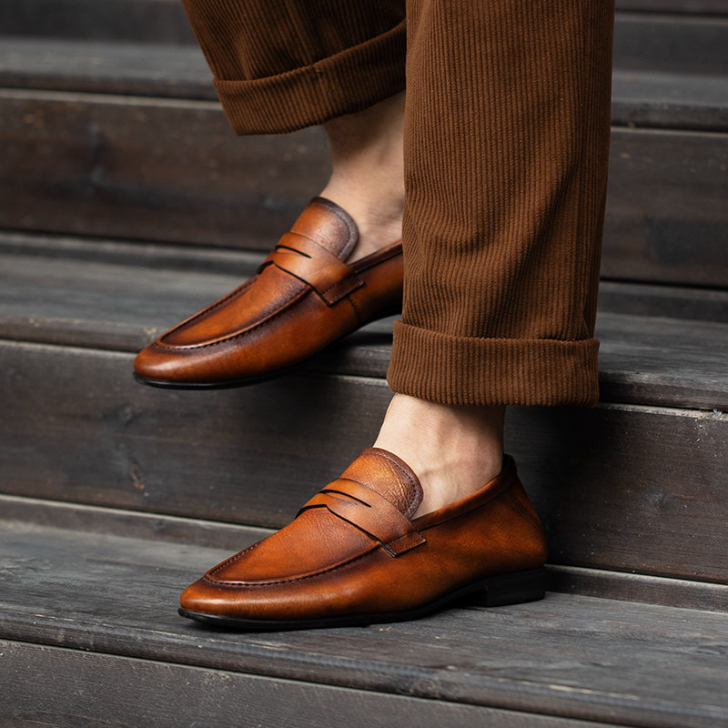 弓长梦男鞋新款头层真皮休闲皮鞋圆头英伦风一脚蹬套脚透气乐福鞋,淘宝优惠券,粉丝福利购,淘宝优惠卷
