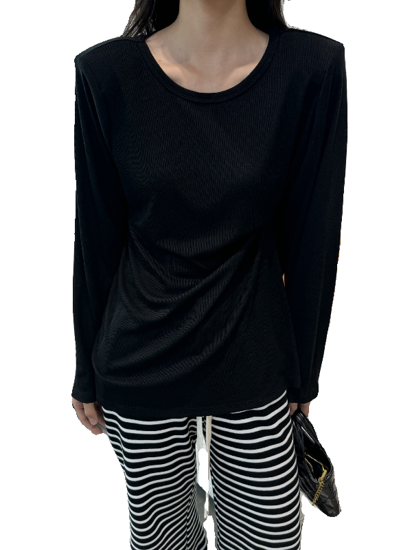 摩登197韩版圆领垫肩长袖T恤女2024春季新款设计感休闲上衣M8885