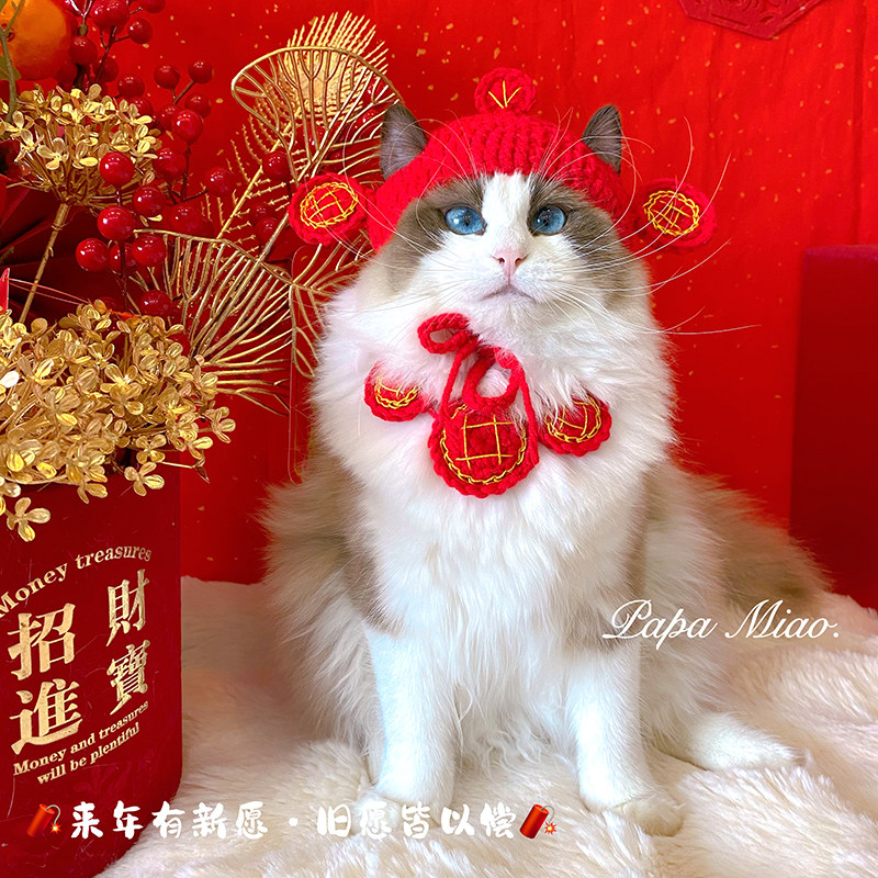 迎财神猫咪狗狗新年帽子过年小猫头套英短头饰宠物针织毛线装饰品,淘宝优惠券,粉丝福利购,淘宝优惠卷