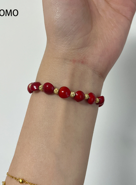 LIMOMO金珠子相思豆手链女本命年转运珠红色弹力绳手串设计师款