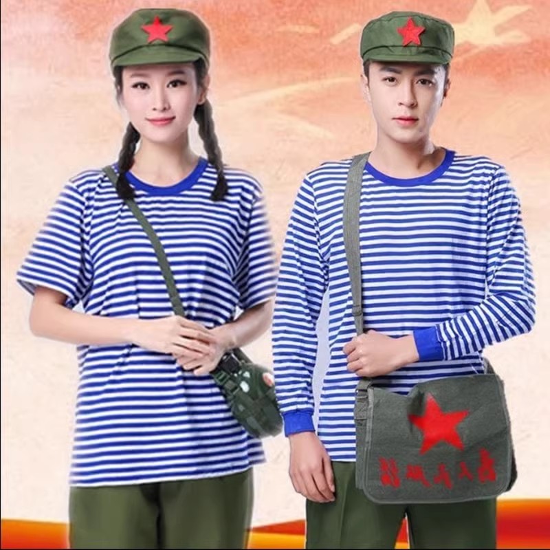 70/80年代怀旧演出服知青服装海魂衫水手服军迷t恤蓝白条纹作训服-图0