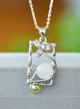 天然和田玉白玉竹节吊坠古法银镶嵌女款玉石挂件锁骨项链生日礼物