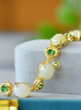 古法金镶嵌新疆和田玉白玉海豚手链女士款玉石时尚简约手串不掉色