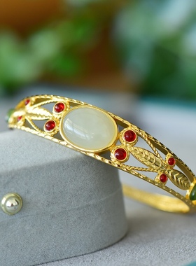 宫玺金枝玉叶金手镯和田玉白玉手工花丝镂空手镯碧玉南红夺宝手环