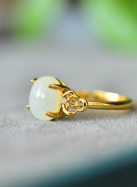 古法金镶嵌和田玉白玉戒指女款活扣可伸缩戒圈指环