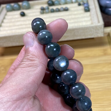 和田玉籽料卡12圆珠手串青花带翠复古风单圈手链文玩挂饰手饰配珠