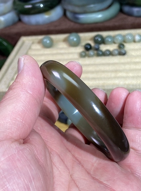 和田玉手镯54圈口且末糖青白复古风三色古韵镯子