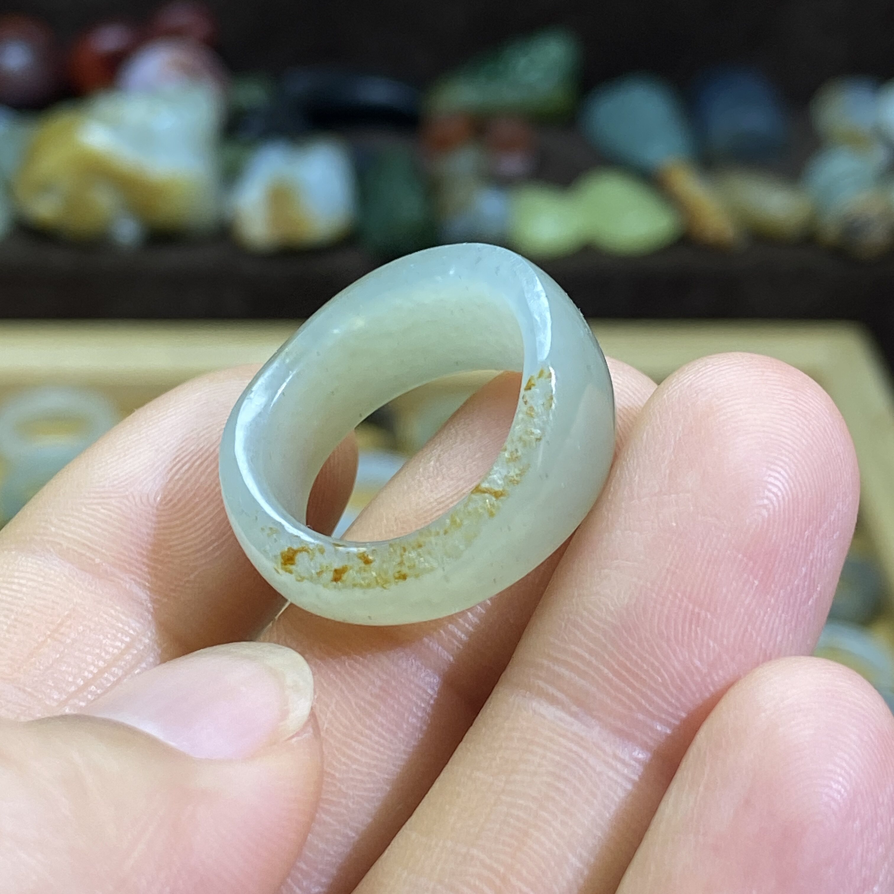 Hotan jade green and white jade seed card 17 random gold leather ring retro style ring jade ring cultural play bead string pendant