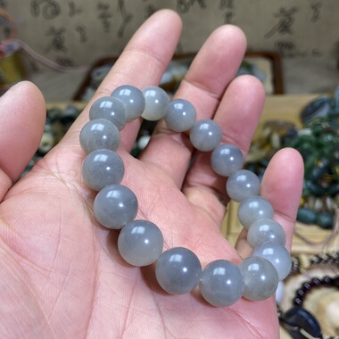 和田玉籽料卡12圆珠手串白底青花复古风单圈手链文玩珠串手饰挂饰