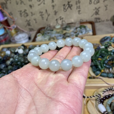 和田玉籽料冰底白玉青花卡12圆珠手串复古风单圈手链文玩珠串挂饰