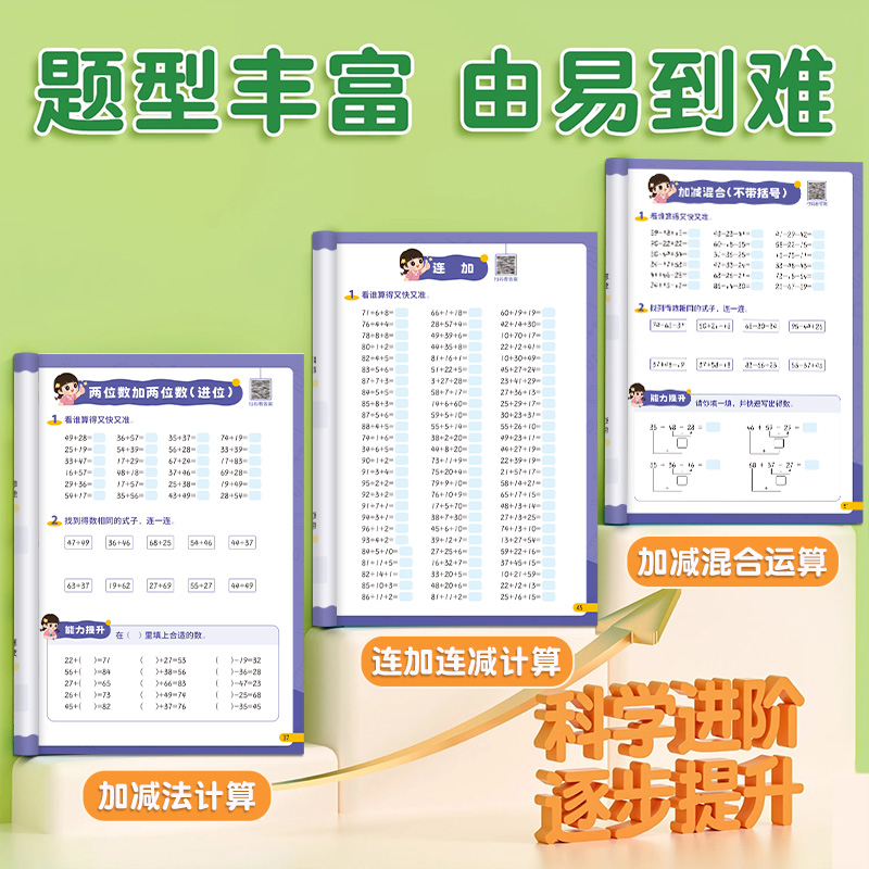 100以内加减法口算天天练进位退位混合运算专项练习本 小学一二三年级数学横竖式加减法提升练习纸幼小衔接连加连减口算题卡教材书